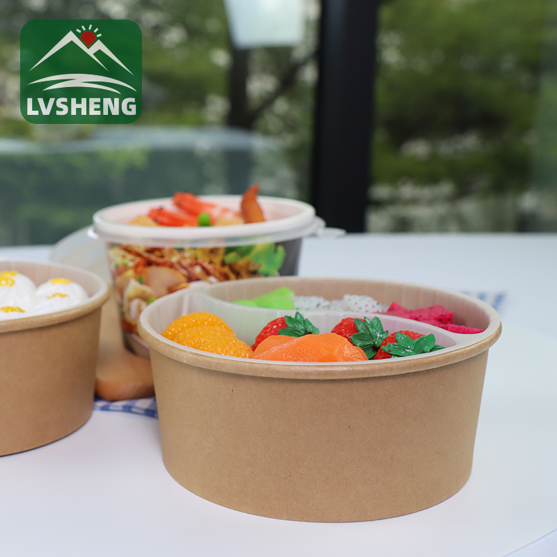 100% Biodegradable Compostable Kraft Paper Bowl With Lid Large Salad Bowl Manufacture Take Out